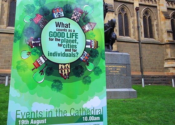 Poster in front of cathedral in Melbourne, advertising for a National Science Week event. Photo: Mik Aidt